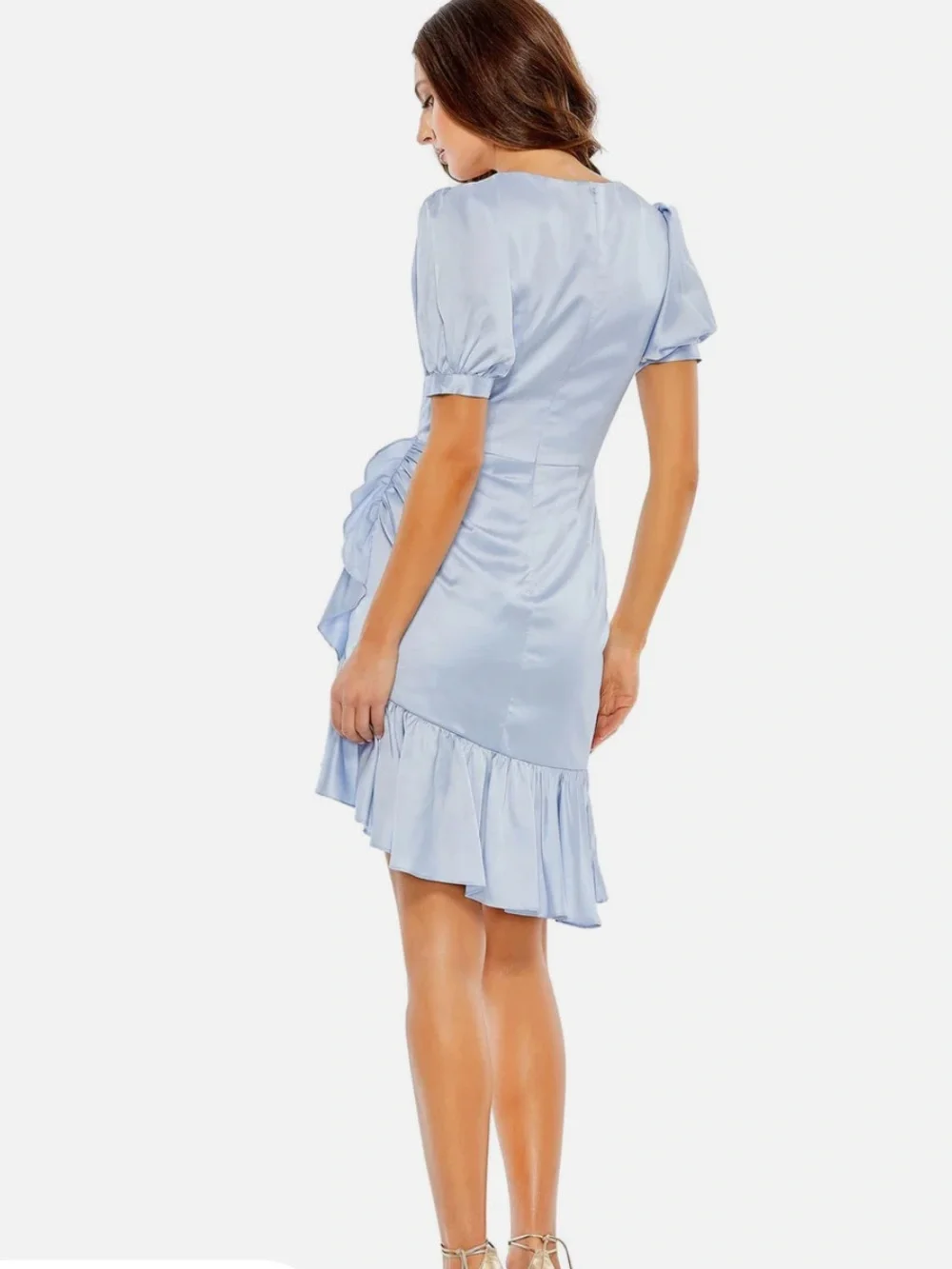 Ieena for Mac Duggal | Short Puff Sleeve Faux Wrap Mini Dress Powder Blue Size 0